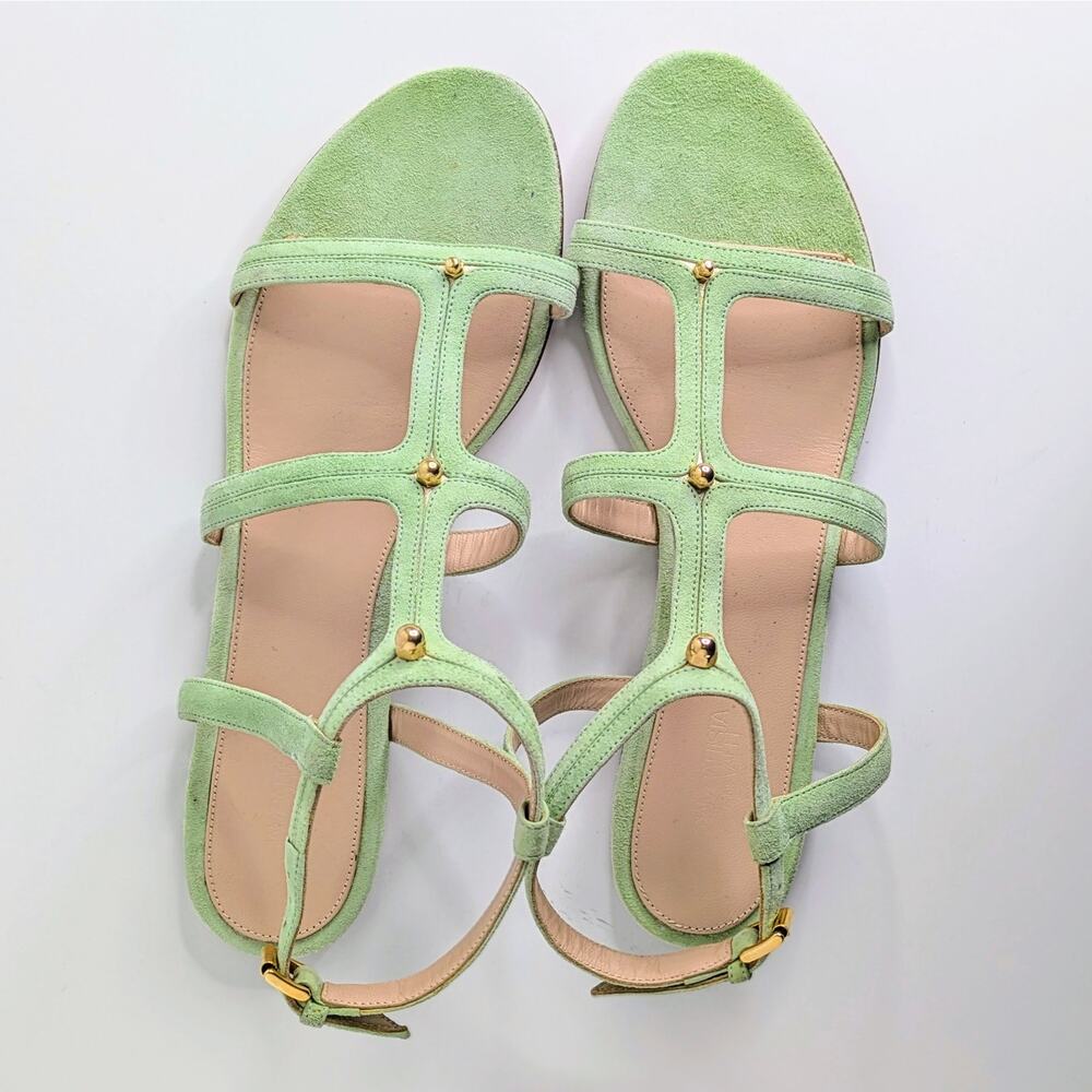 Giambattista Valli Designer Sandals 41 US 10 Green Suede Gold Strappy Flat NWOT